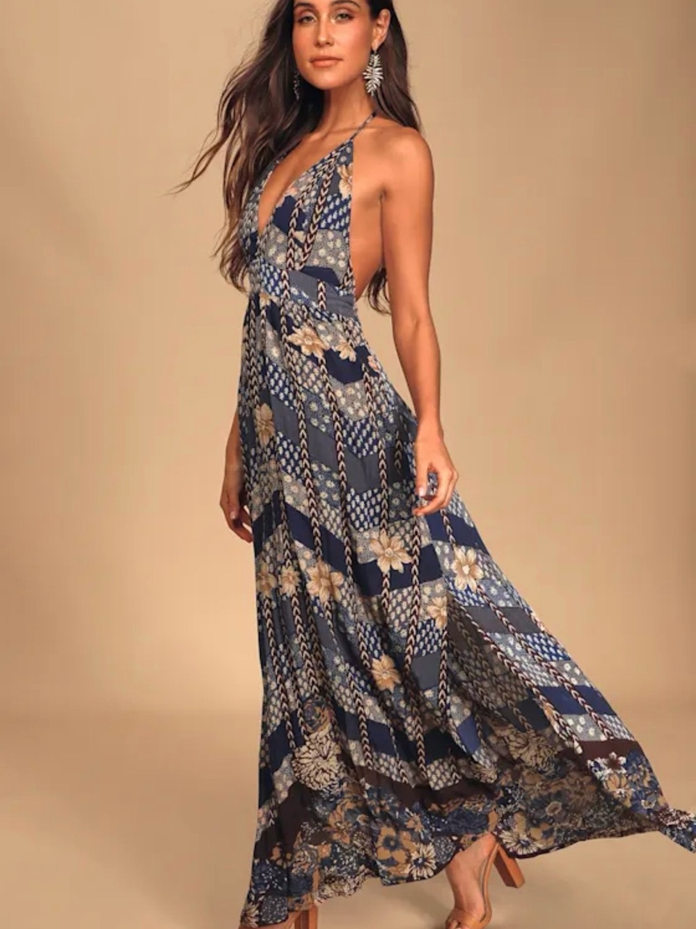 Annalisa Blue Multi Floral Print Halter Maxi Dress